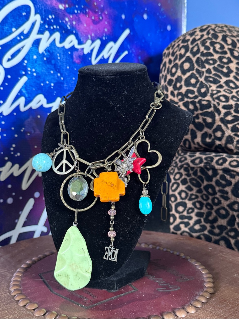 Statement Multi-Charm Necklace with Turquoise, Green & Orange Accents